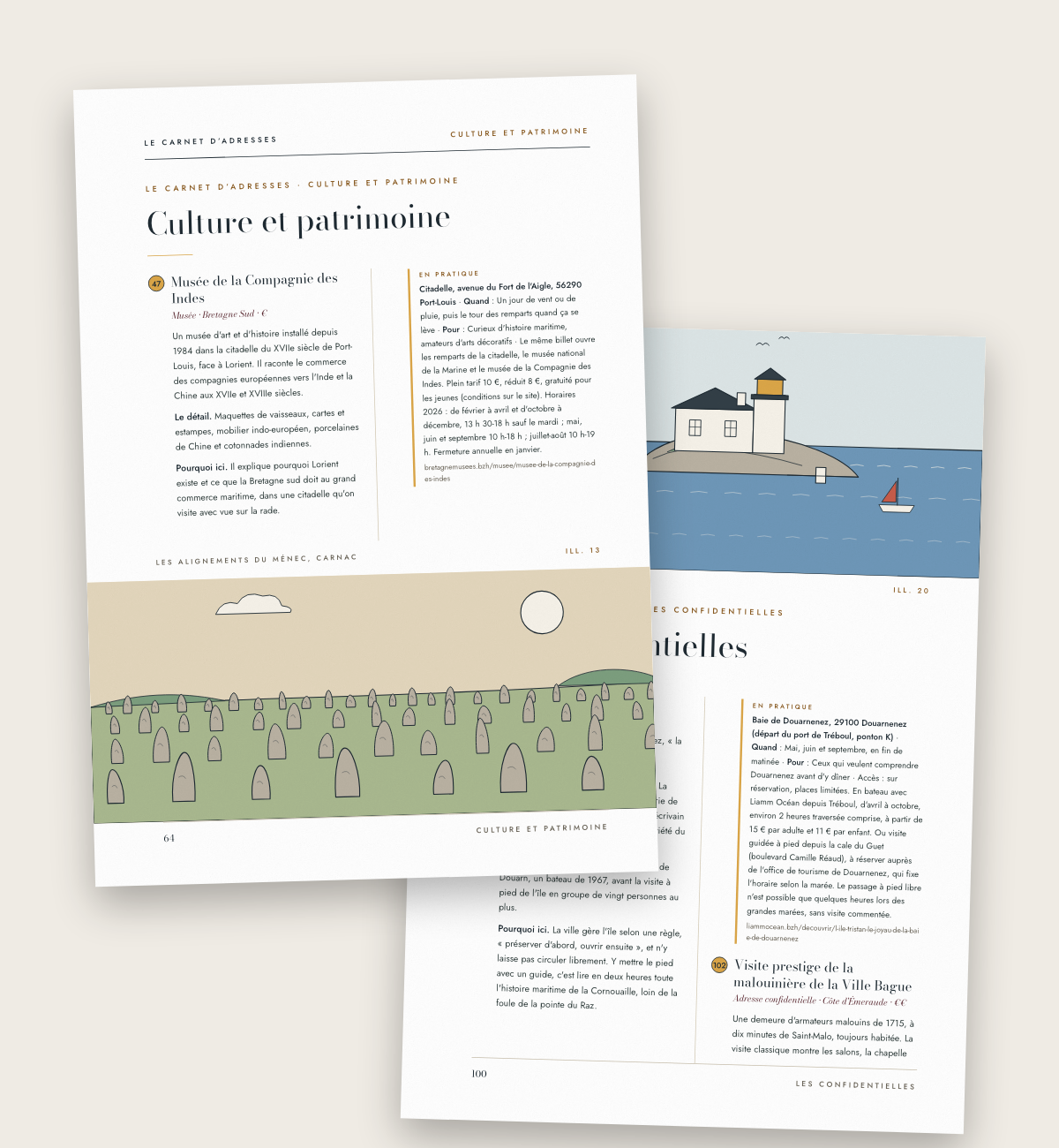 Des planches illustrées du Guide Bretagne : les alignements de Carnac et l'île Tristan