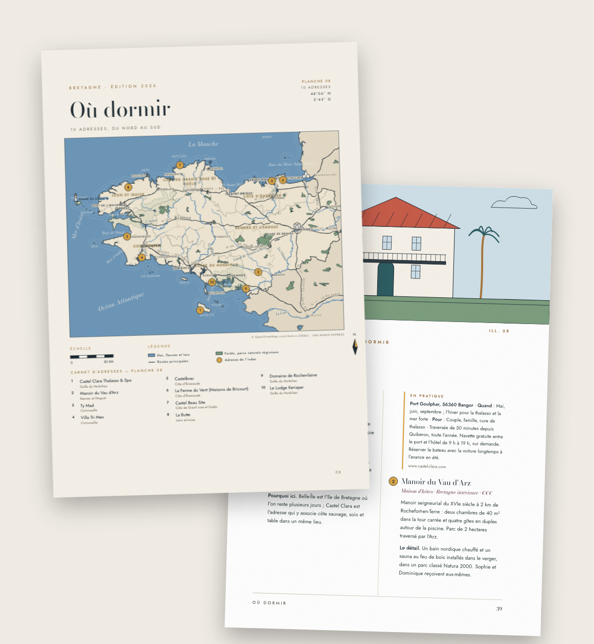 La carte du chapitre Où dormir du Guide Bretagne et l'ouverture du chapitre