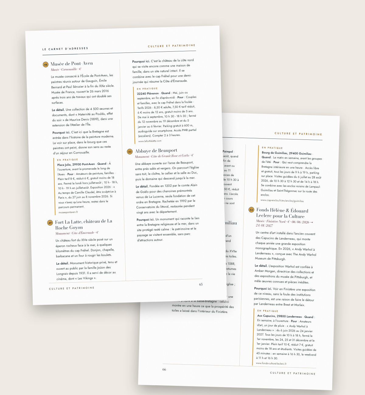 Deux doubles pages d'adresses du chapitre Culture et patrimoine du Guide Bretagne