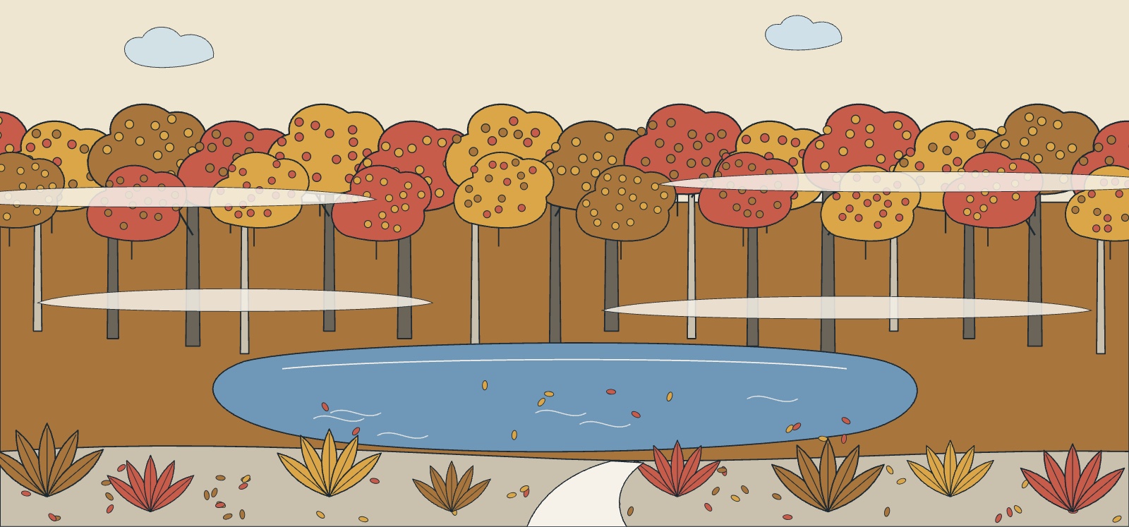 Illustration : la forêt de Brocéliande en automne, chênes et hêtres roux autour d'un étang dans la brume