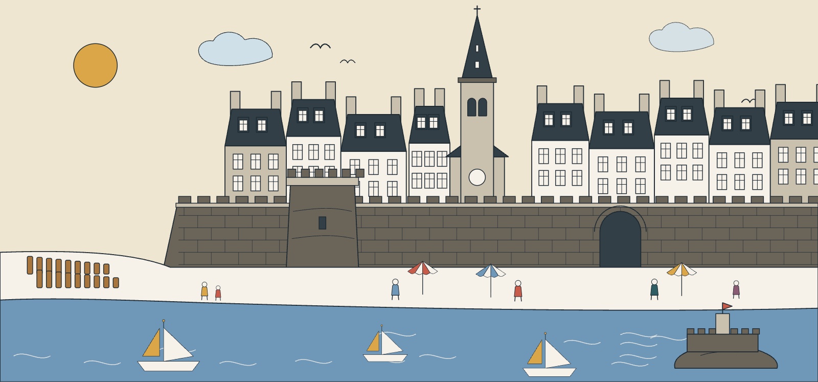Illustration : Saint-Malo en été, remparts, flèche de la cathédrale, plage du Sillon et voiliers