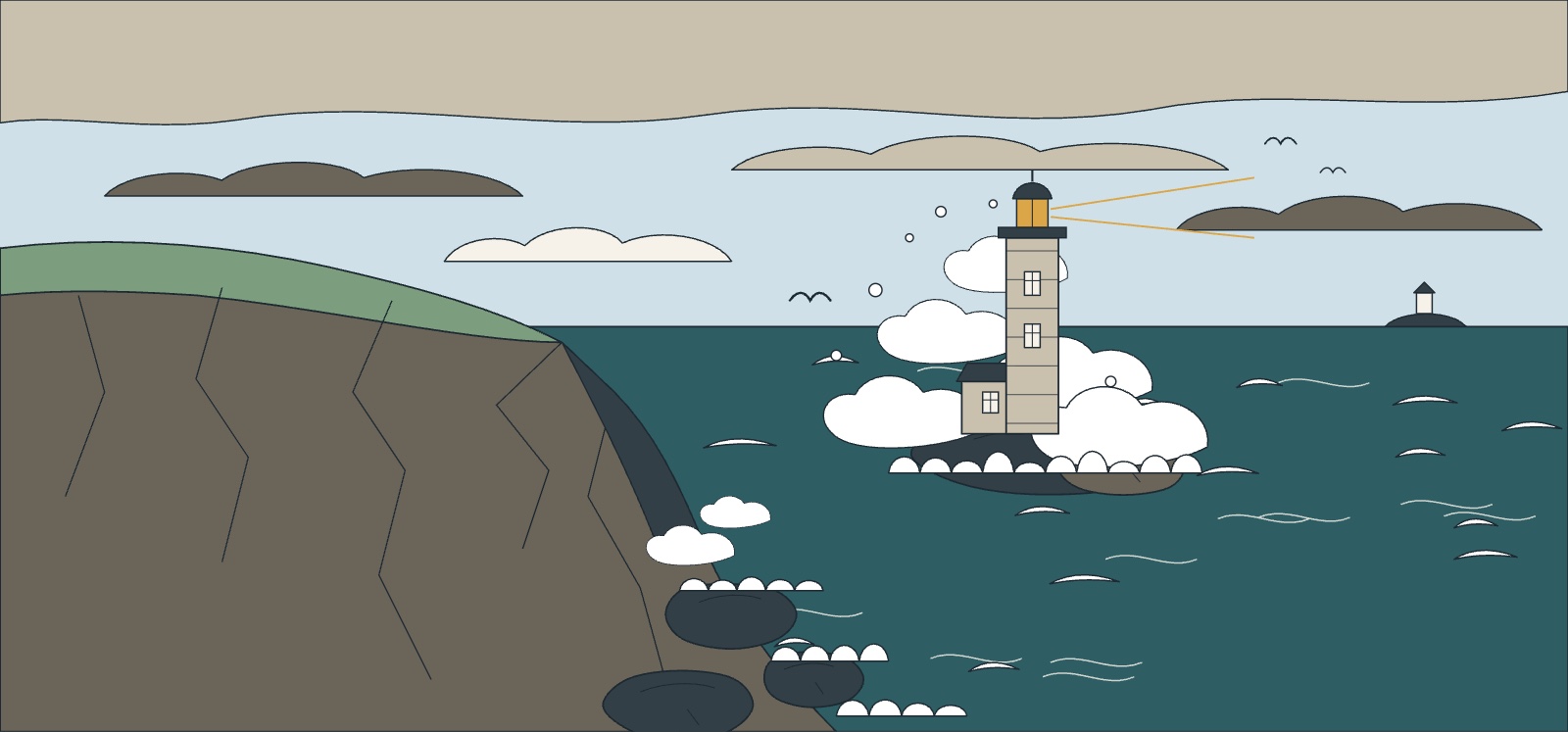 Illustration : la pointe du Raz en hiver, phare en mer battu par les vagues sous un ciel bas