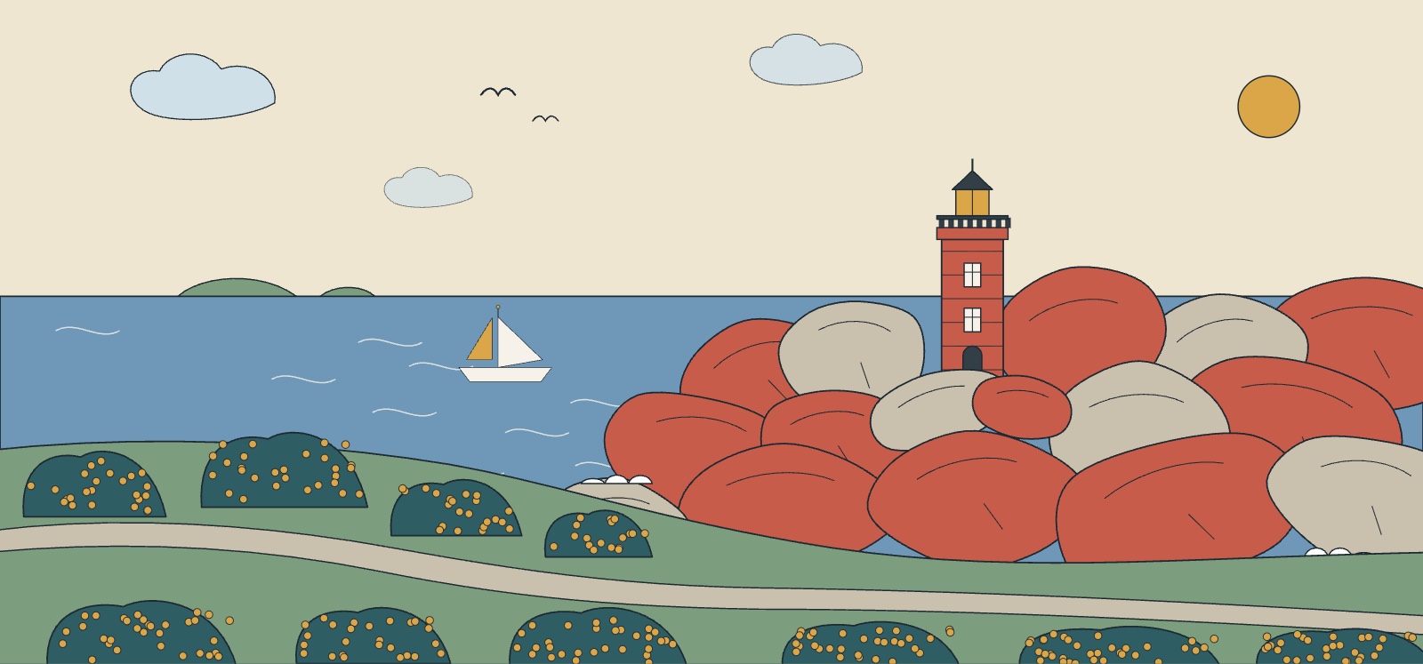Illustration : la Côte de granit rose au printemps, rochers roses, phare de Ploumanac'h et ajoncs en fleurs